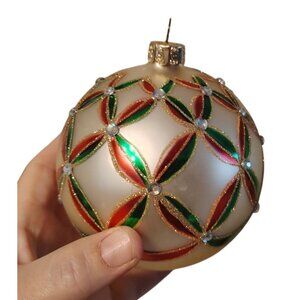 Waterford Crystal Christmas Bulb, Blown Glass, Green Red Glitter, Rhinestone